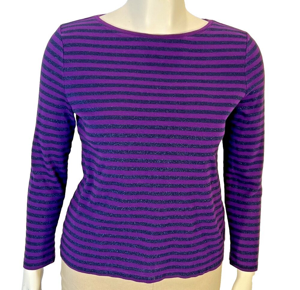 Talbots Sweater Womens XLP Purple Navy Stripe Metallic Long Sleeve Scoop Neck